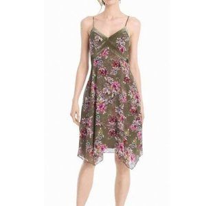 EUC White House Black Market GREEN FLORAL VELVET TRIM HANDKERCHIEF DRESS Size 6